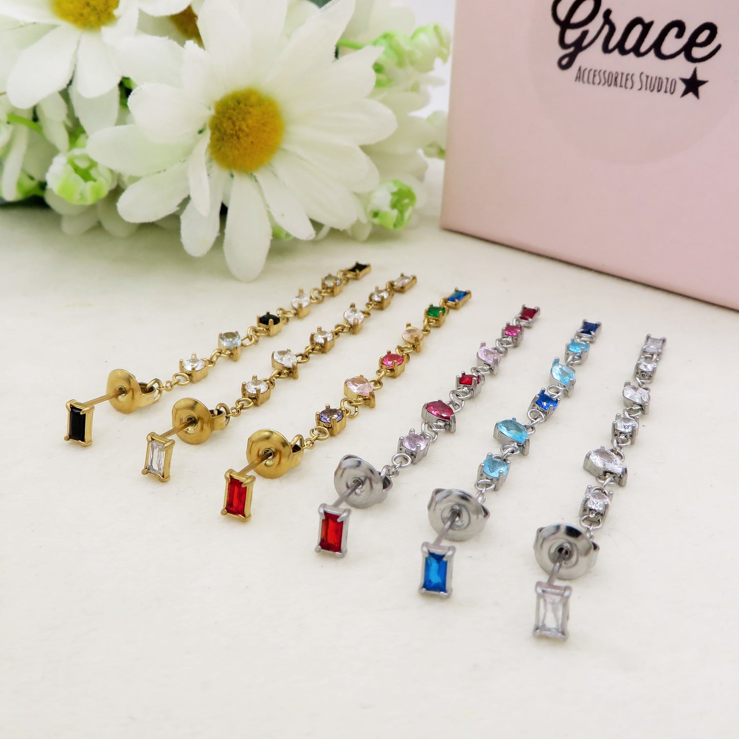 GLOWY ~ paio Orecchini ACCIAIO INOSSIDABILE pendenti pietre cubic zirconia stile saliscendi