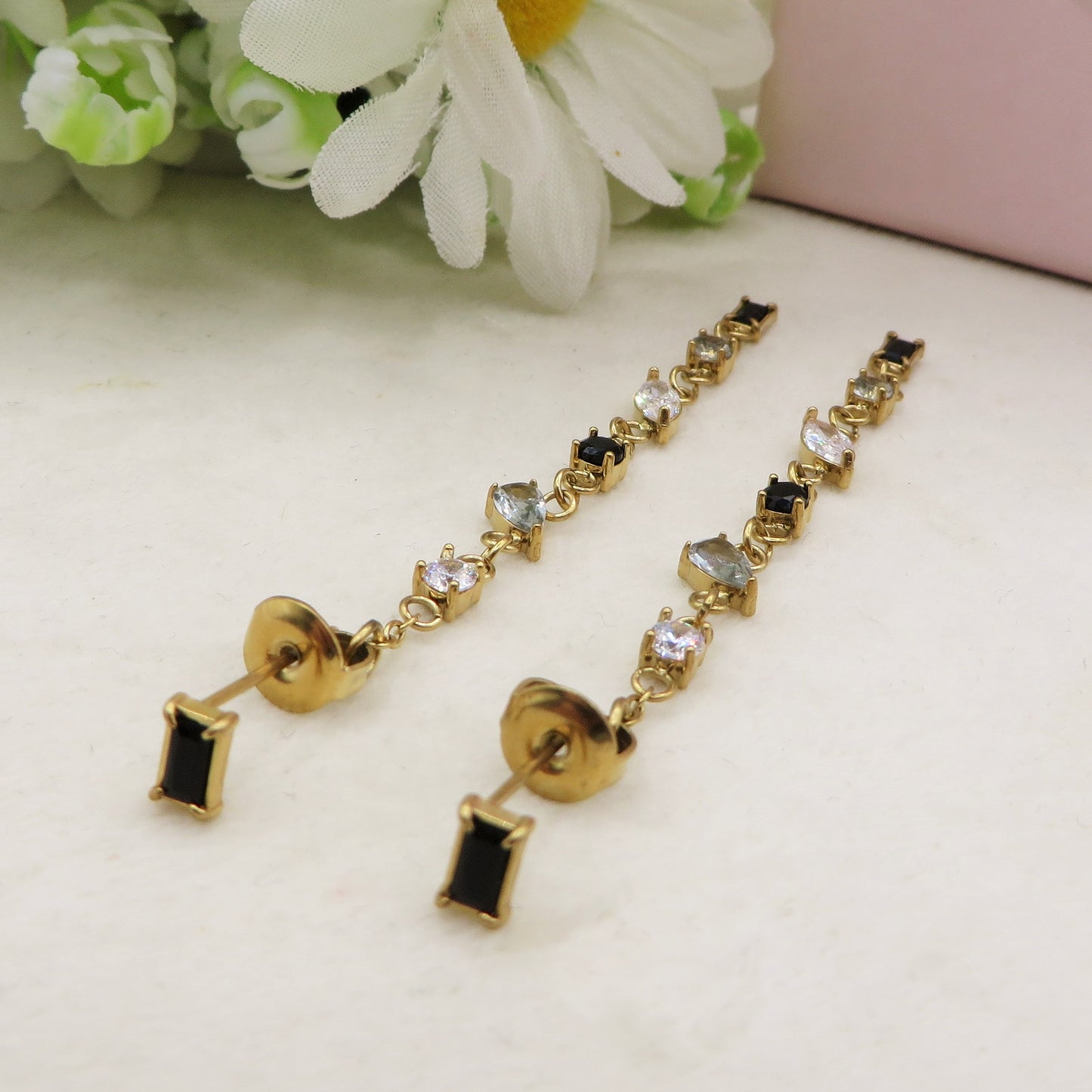 GLOWY ~ paio Orecchini ACCIAIO INOSSIDABILE pendenti pietre cubic zirconia stile saliscendi