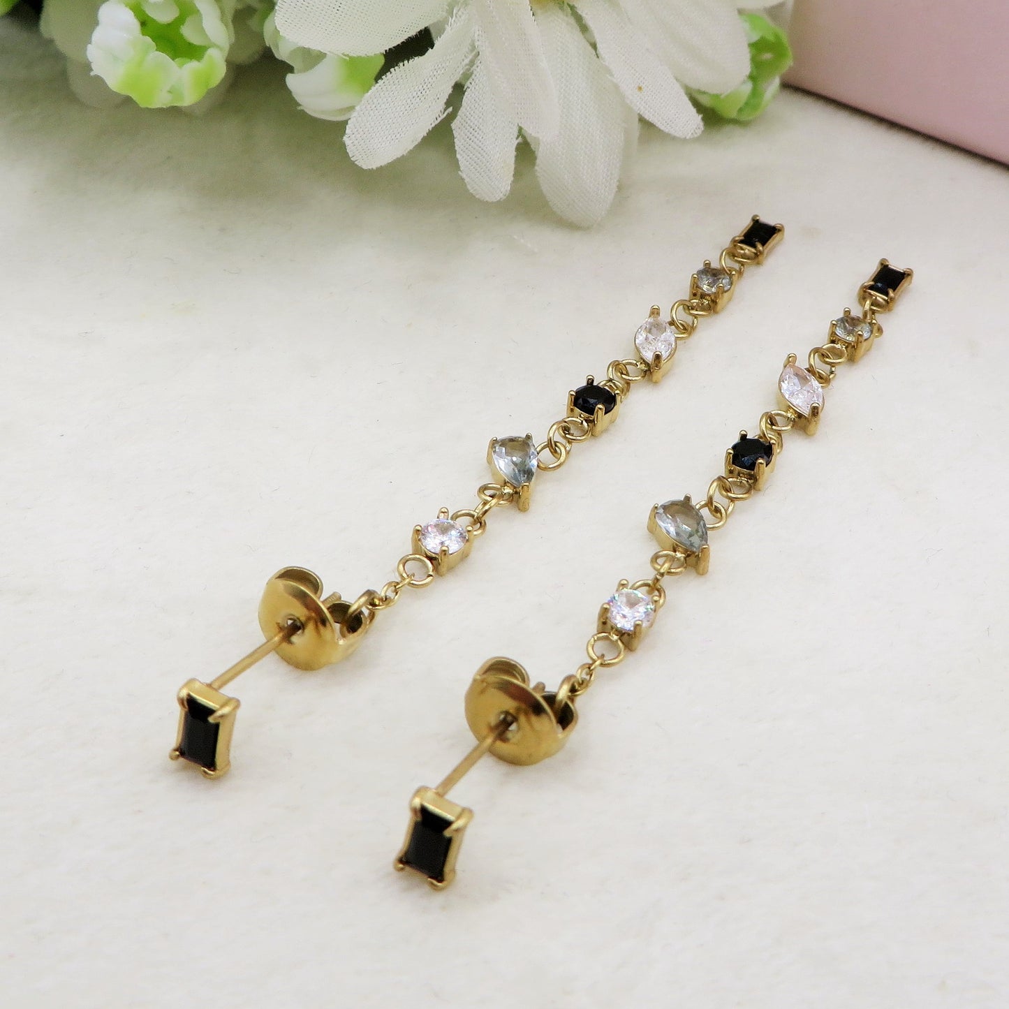 GLOWY ~ paio Orecchini ACCIAIO INOSSIDABILE pendenti pietre cubic zirconia stile saliscendi