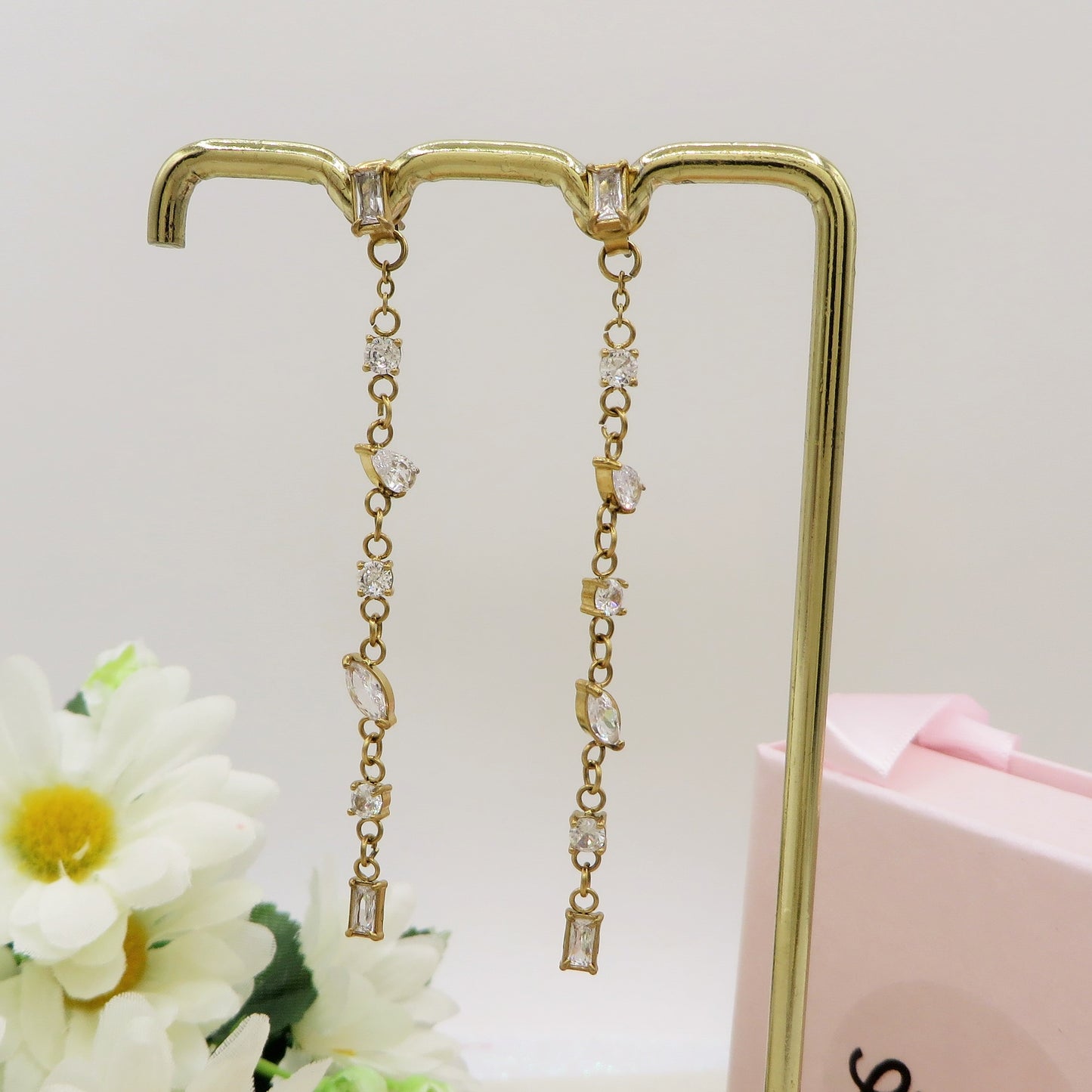 GLOWY ~ paio Orecchini ACCIAIO INOSSIDABILE pendenti pietre cubic zirconia stile saliscendi