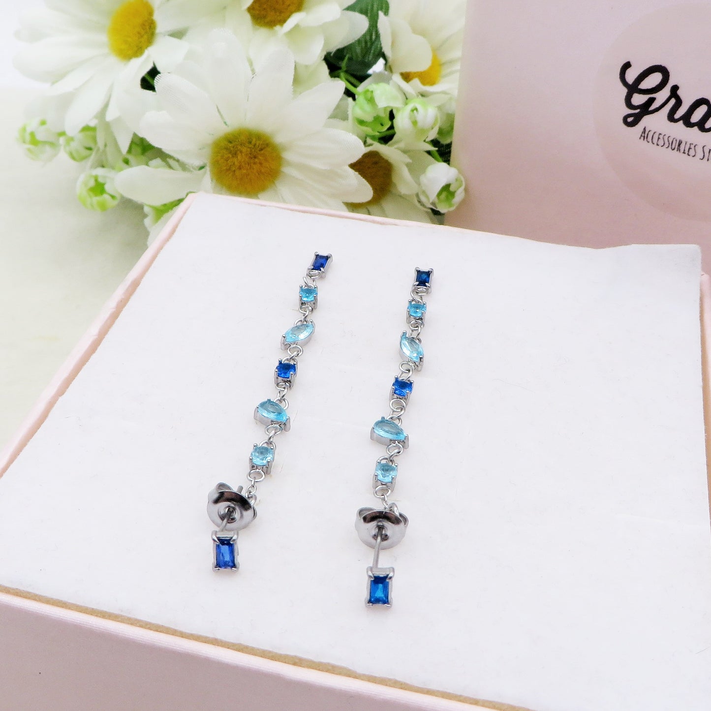 GLOWY ~ paio Orecchini ACCIAIO INOSSIDABILE pendenti pietre cubic zirconia stile saliscendi