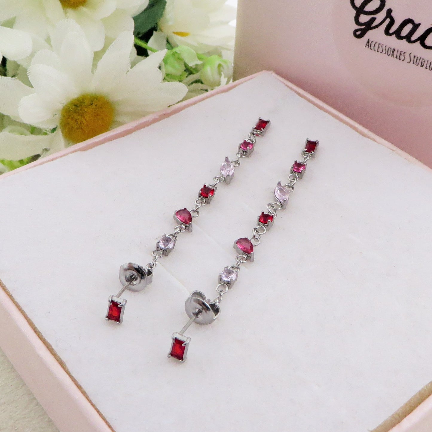 GLOWY ~ paio Orecchini ACCIAIO INOSSIDABILE pendenti pietre cubic zirconia stile saliscendi