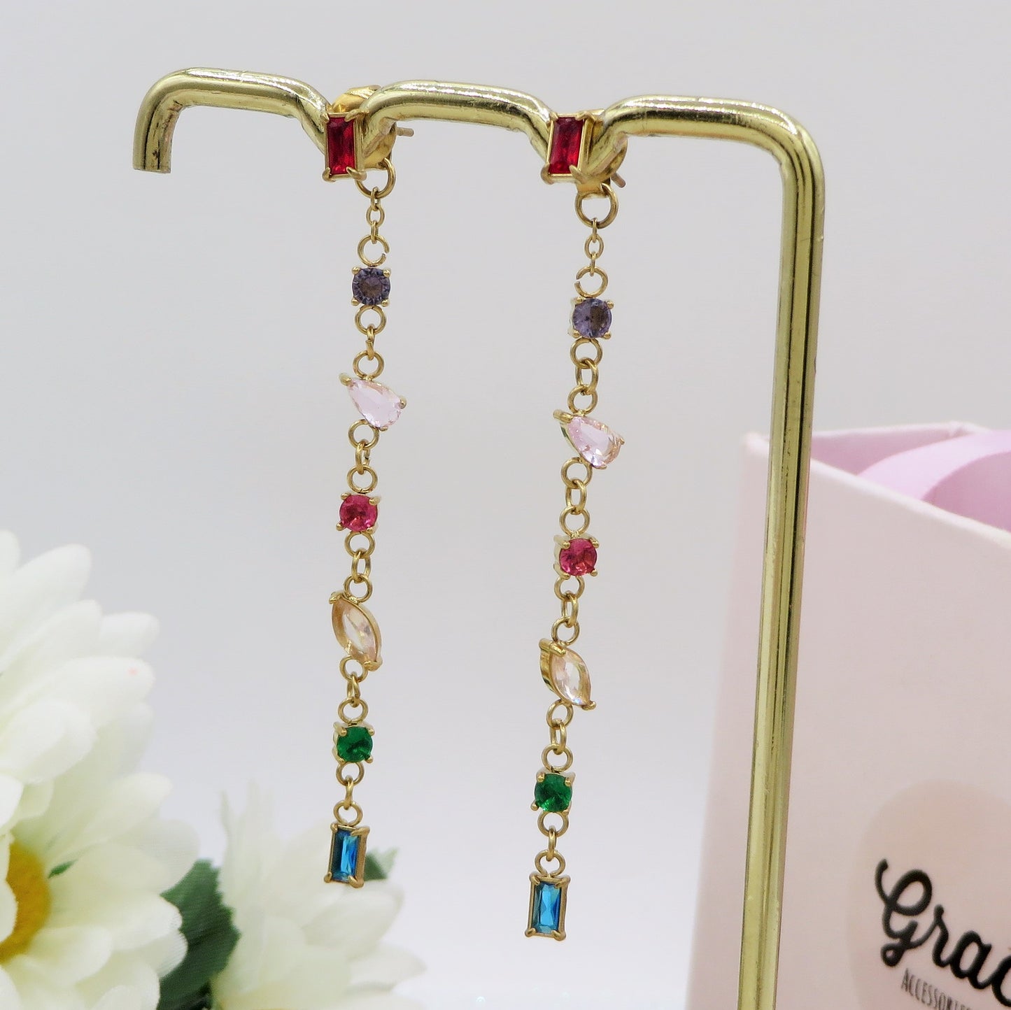 GLOWY ~ paio Orecchini ACCIAIO INOSSIDABILE pendenti pietre cubic zirconia stile saliscendi