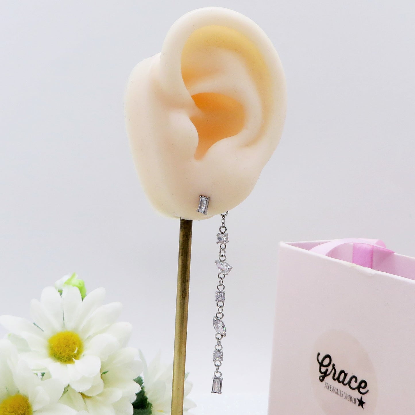 GLOWY ~ paio Orecchini ACCIAIO INOSSIDABILE pendenti pietre cubic zirconia stile saliscendi