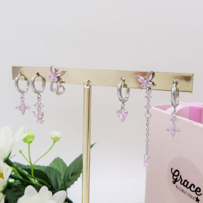 BUTTERFLY Set 6 orecchini PINK - ACCIAIO INOSSIDABILE - 6 Orecchini pendenti con cubic zirconia