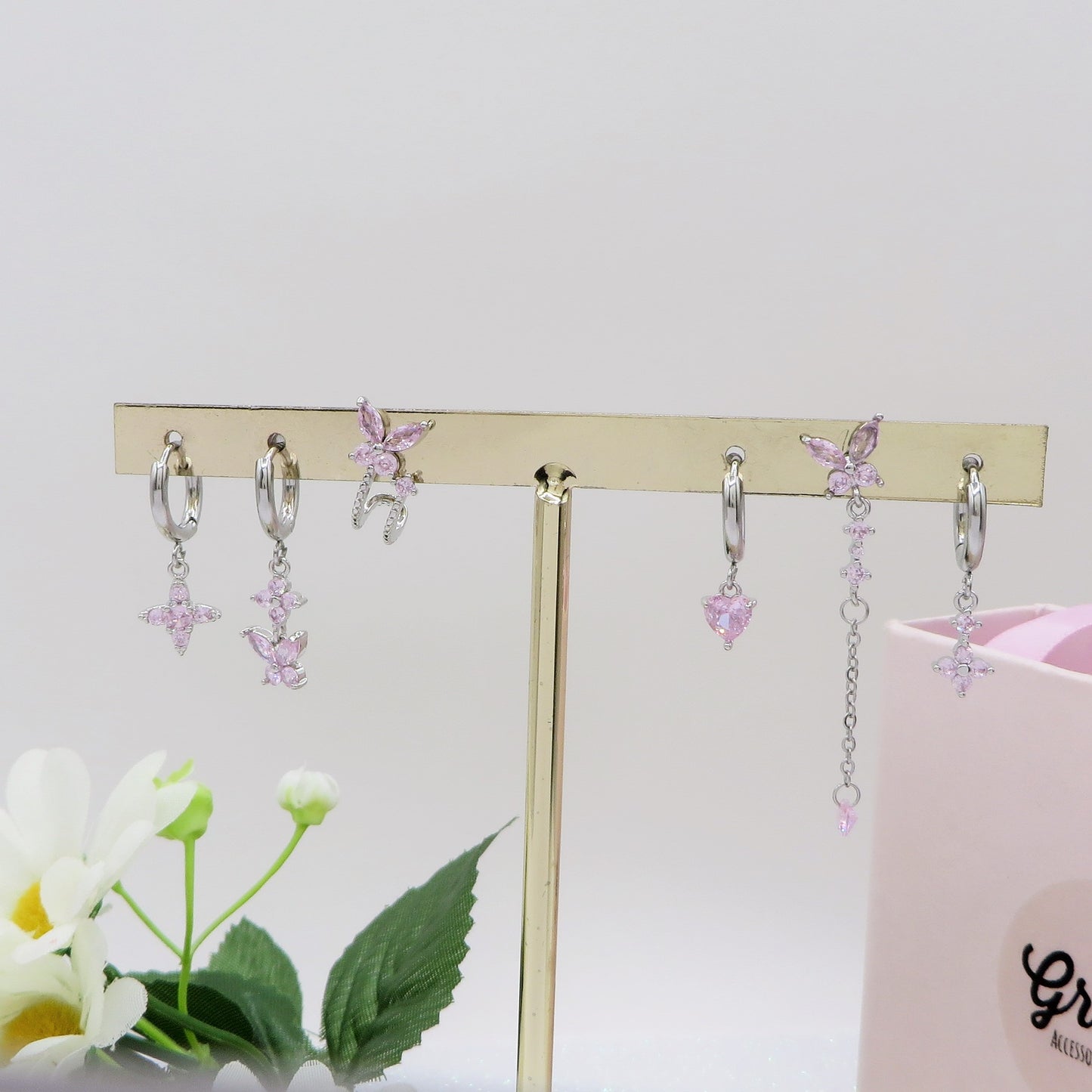 BUTTERFLY Set 6 orecchini PINK - ACCIAIO INOSSIDABILE - 6 Orecchini pendenti con cubic zirconia