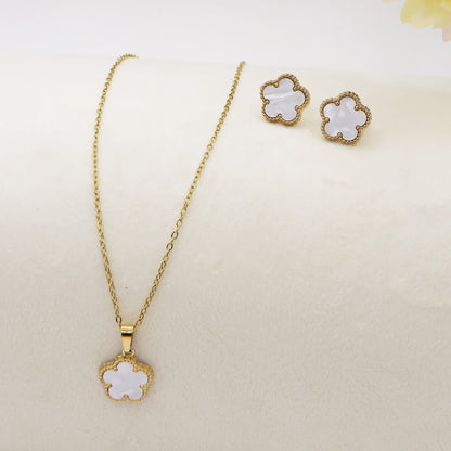 LILY  big Flower SET ~ ACCIAIO INOSSIDABILE Collana + ORECCHINI LOBO fiore in madreperla