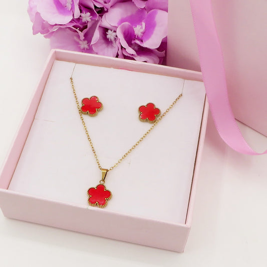 LILY  big Flower SET ~ ACCIAIO INOSSIDABILE Collana + ORECCHINI LOBO fiore in madreperla