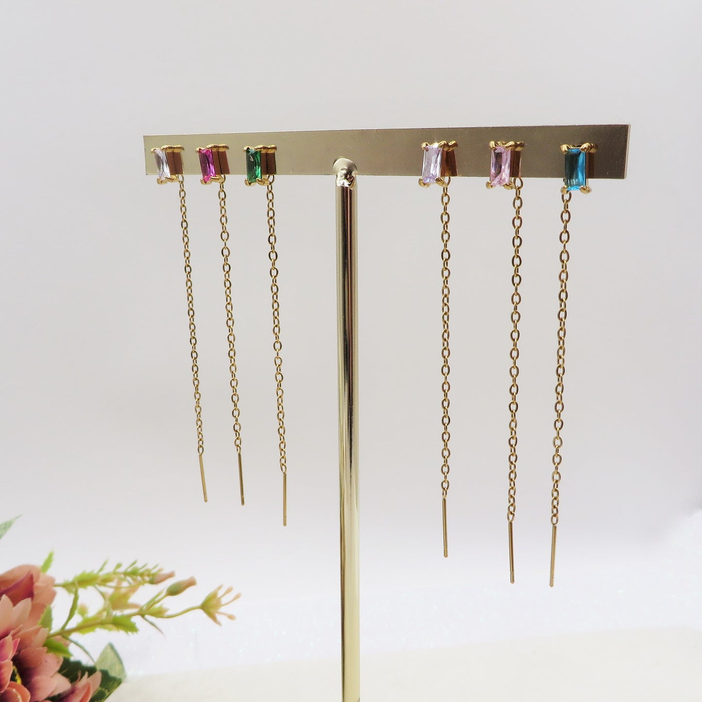 NATALIE Set 6 orecchini - ACCIAIO INOSSIDABILE - 6 Orecchini effetto saliscendi con cubic zirconia a taglio baguette