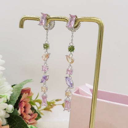 GLOWY SPRING RAINBOW ~ paio Orecchini pendenti pietre cubic zirconia stile saliscendi
