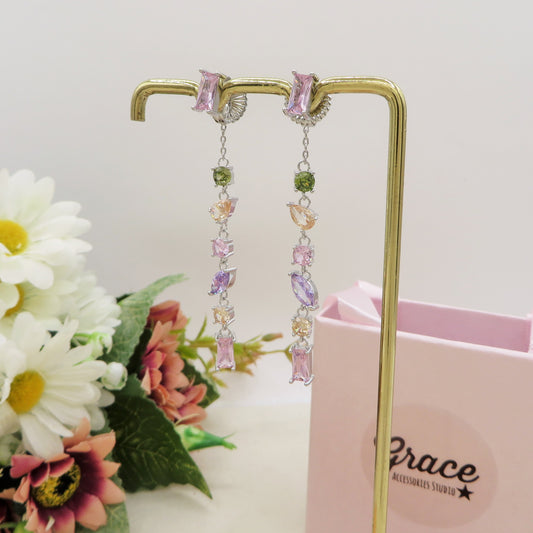 GLOWY SPRING RAINBOW ~ paio Orecchini pendenti pietre cubic zirconia stile saliscendi