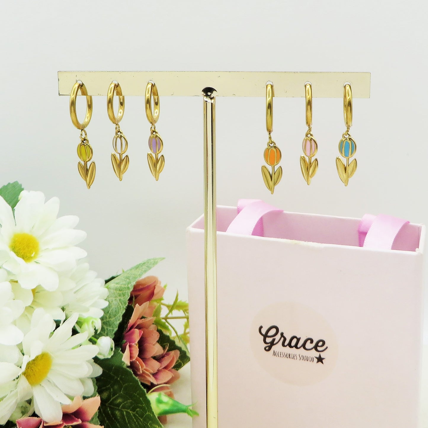 TULIP - ACCIAIO INOSSIDABILE - Paio Orecchini hoops pendenti con tulipano smaltato