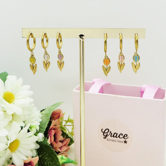 TULIP - ACCIAIO INOSSIDABILE - Paio Orecchini hoops pendenti con tulipano smaltato