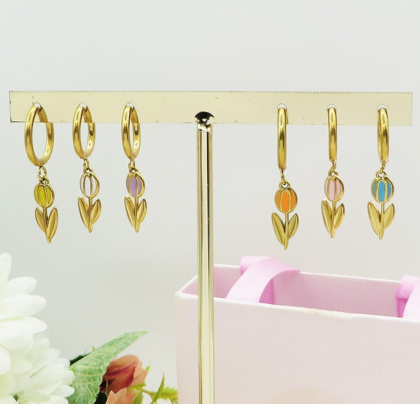 TULIP - ACCIAIO INOSSIDABILE - Paio Orecchini hoops pendenti con tulipano smaltato