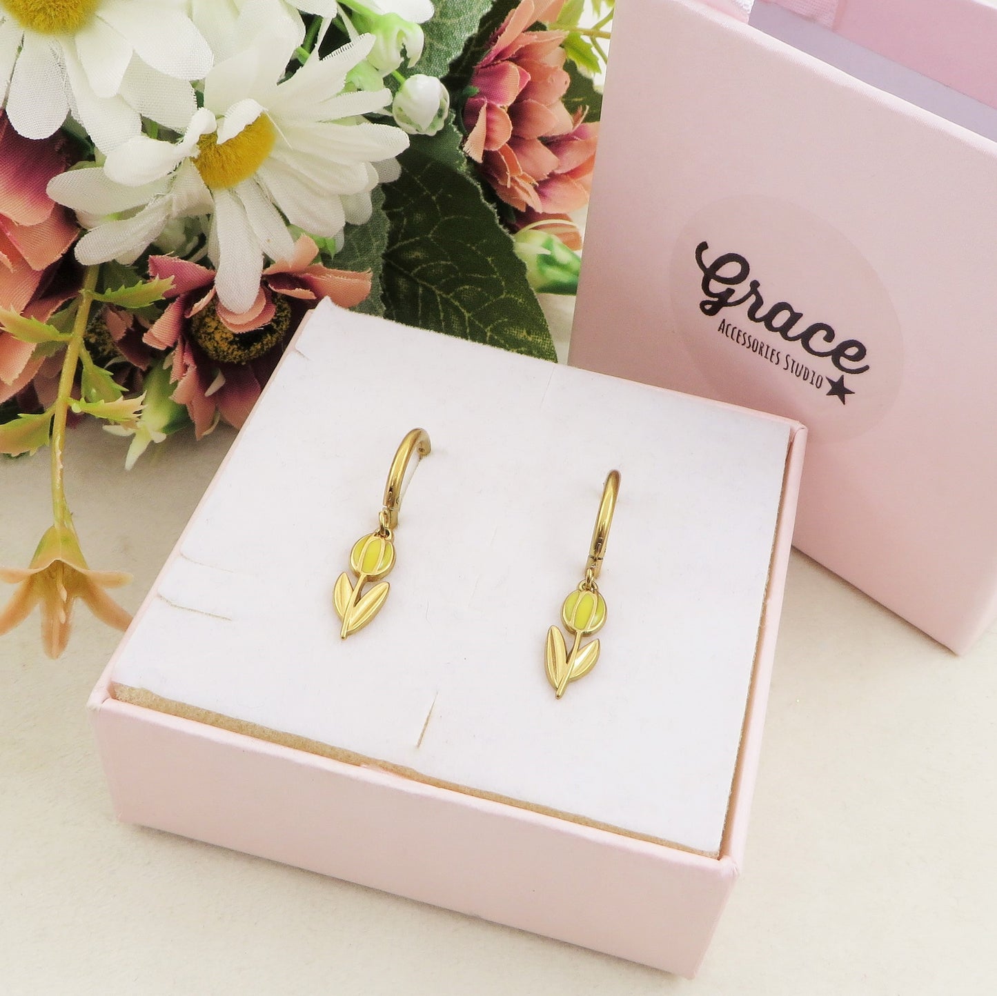 TULIP - ACCIAIO INOSSIDABILE - Paio Orecchini hoops pendenti con tulipano smaltato