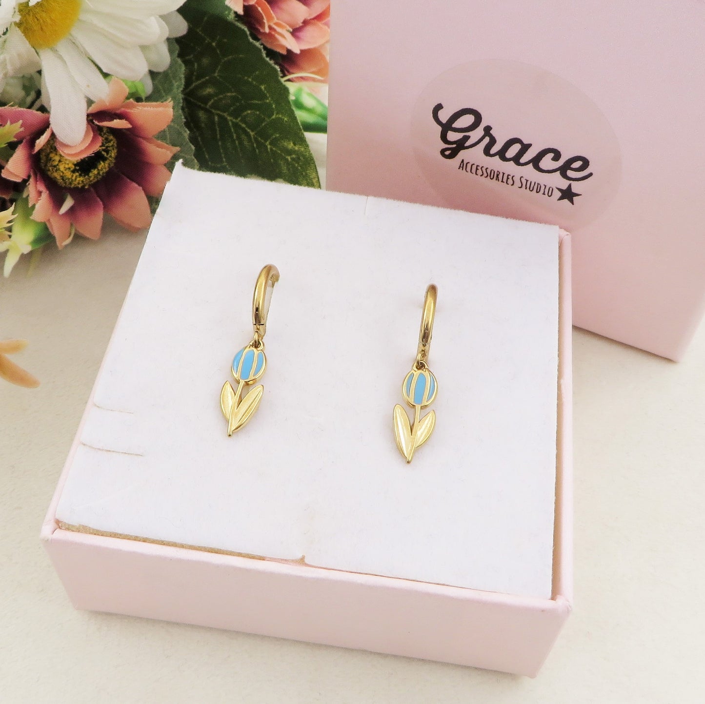 TULIP - ACCIAIO INOSSIDABILE - Paio Orecchini hoops pendenti con tulipano smaltato