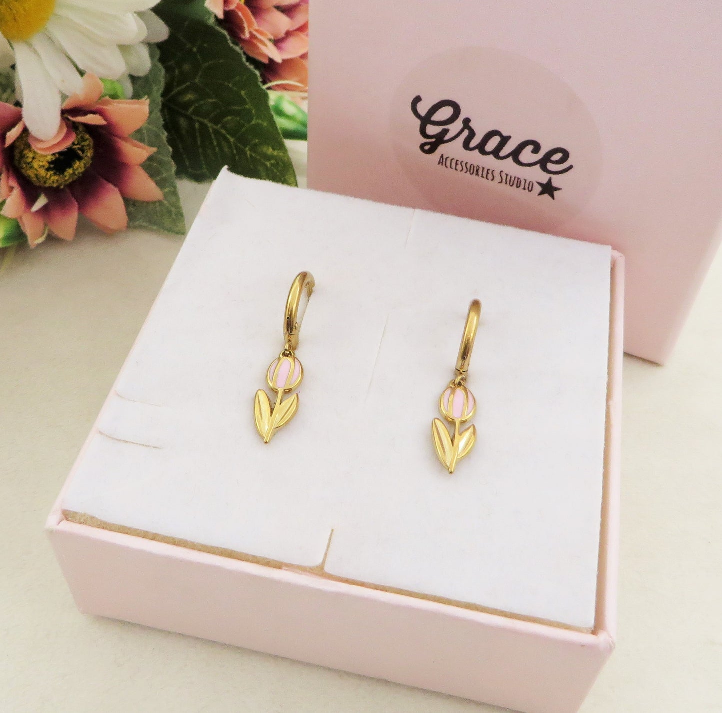 TULIP - ACCIAIO INOSSIDABILE - Paio Orecchini hoops pendenti con tulipano smaltato