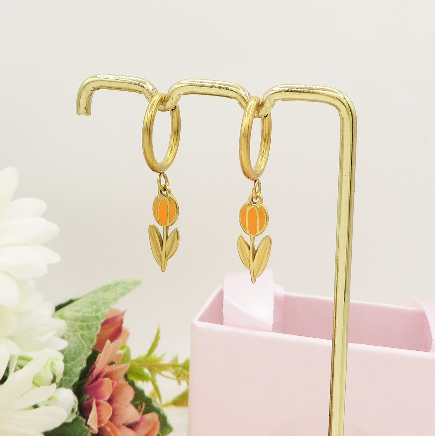 TULIP - ACCIAIO INOSSIDABILE - Paio Orecchini hoops pendenti con tulipano smaltato