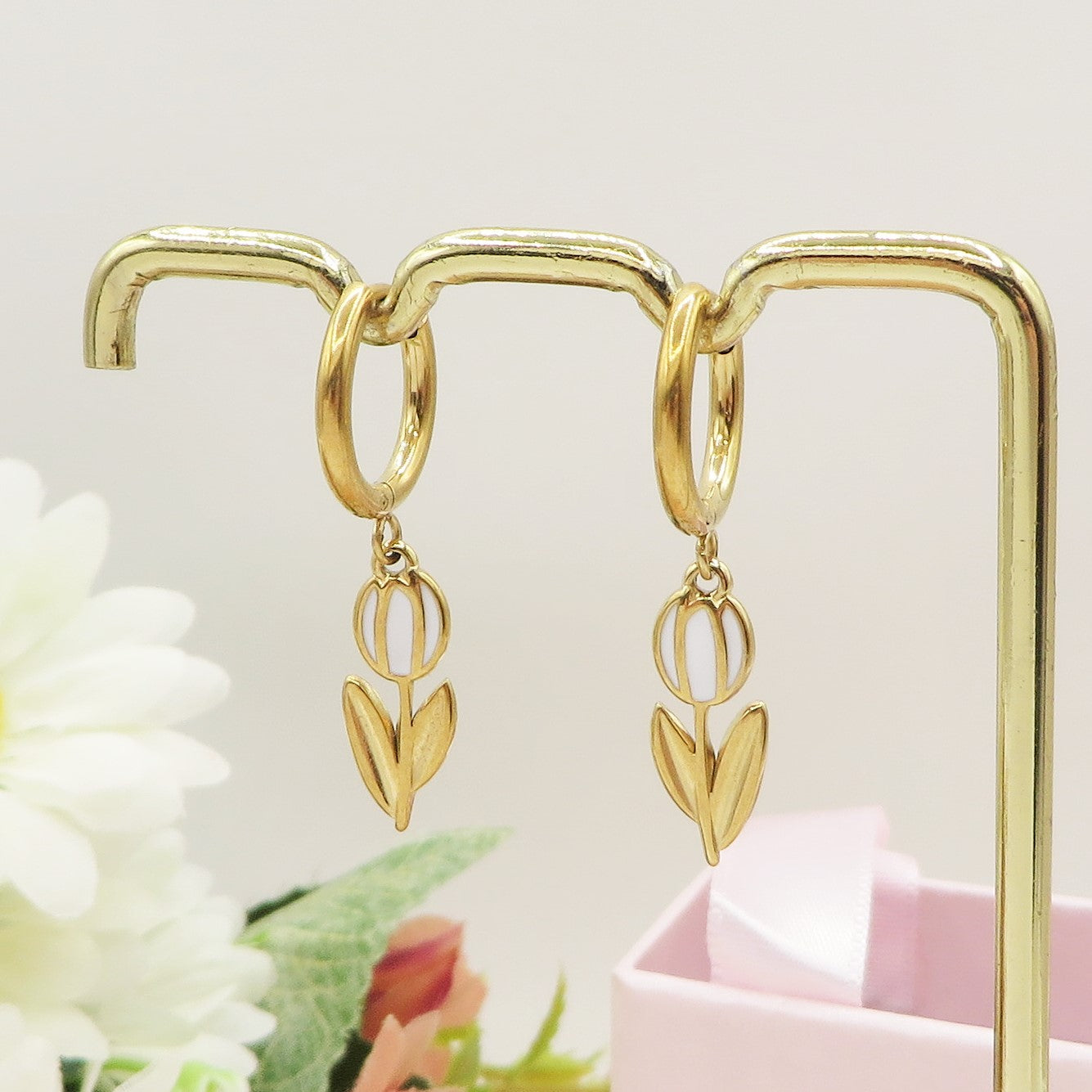 TULIP - ACCIAIO INOSSIDABILE - Paio Orecchini hoops pendenti con tulipano smaltato