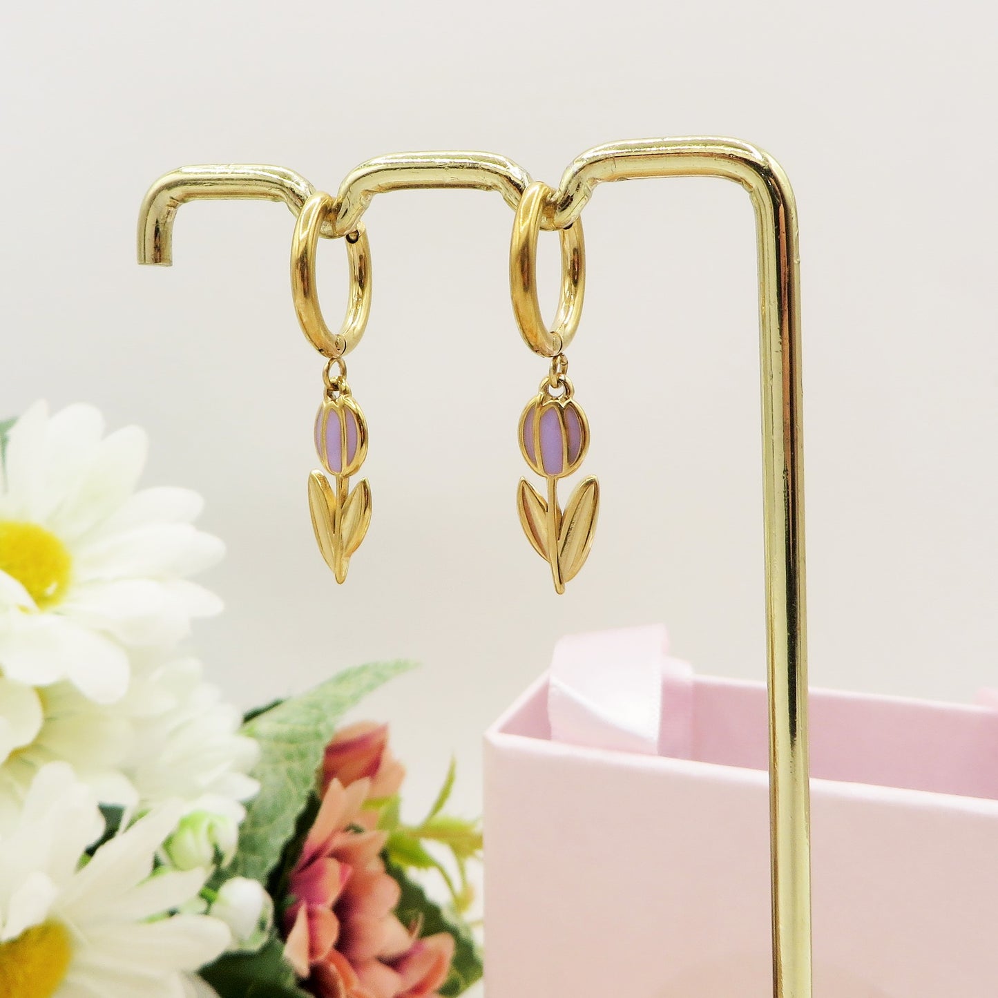 TULIP - ACCIAIO INOSSIDABILE - Paio Orecchini hoops pendenti con tulipano smaltato