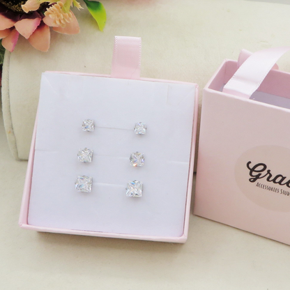 SQUARE SET 3 PAIA punti luce quadrati acciaio inossidabile ~ 6 PZ ~ 3 Paia~ Orecchini lobo  con cubic zirconia AAA