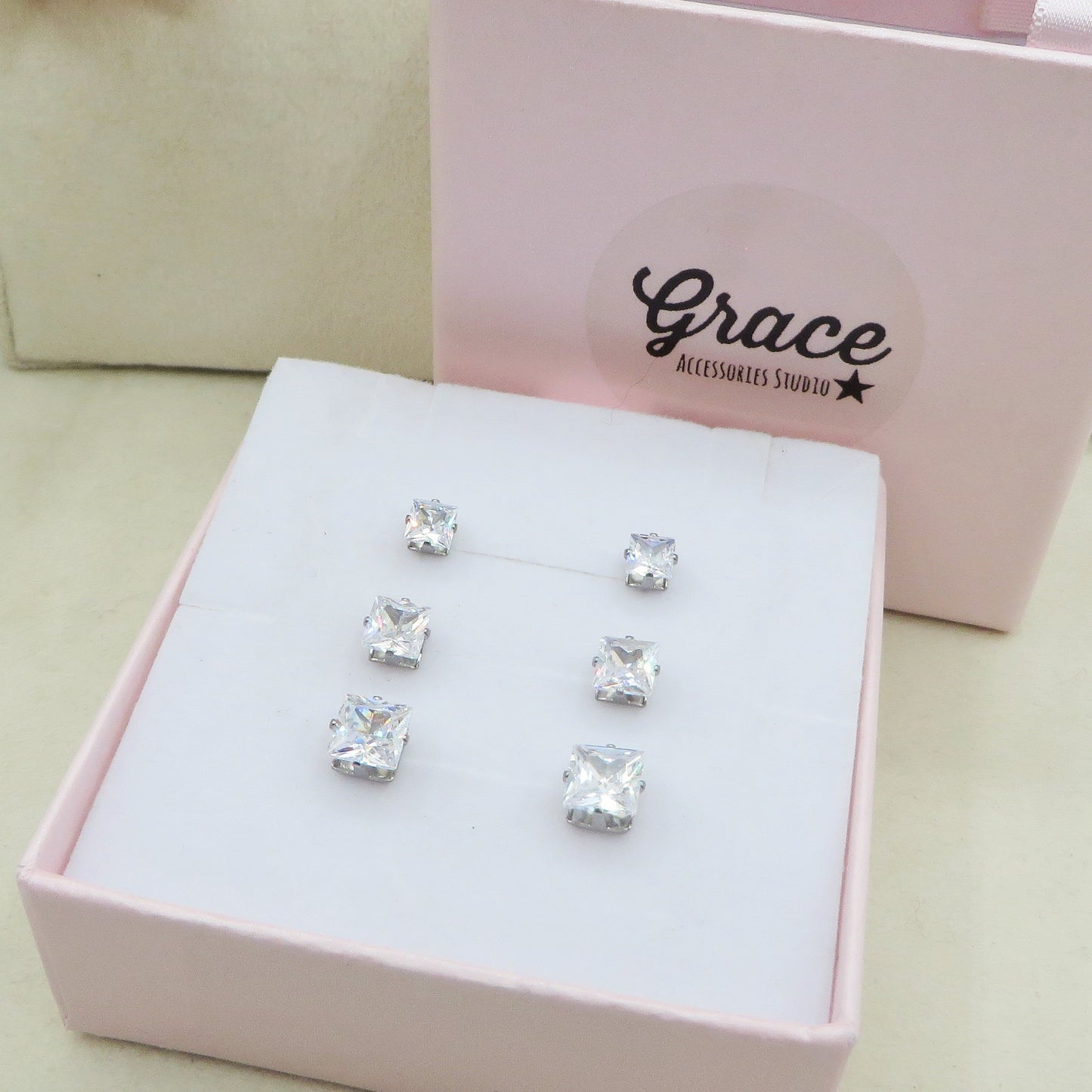 SQUARE SET 3 PAIA punti luce quadrati acciaio inossidabile ~ 6 PZ ~ 3 Paia~ Orecchini lobo  con cubic zirconia AAA