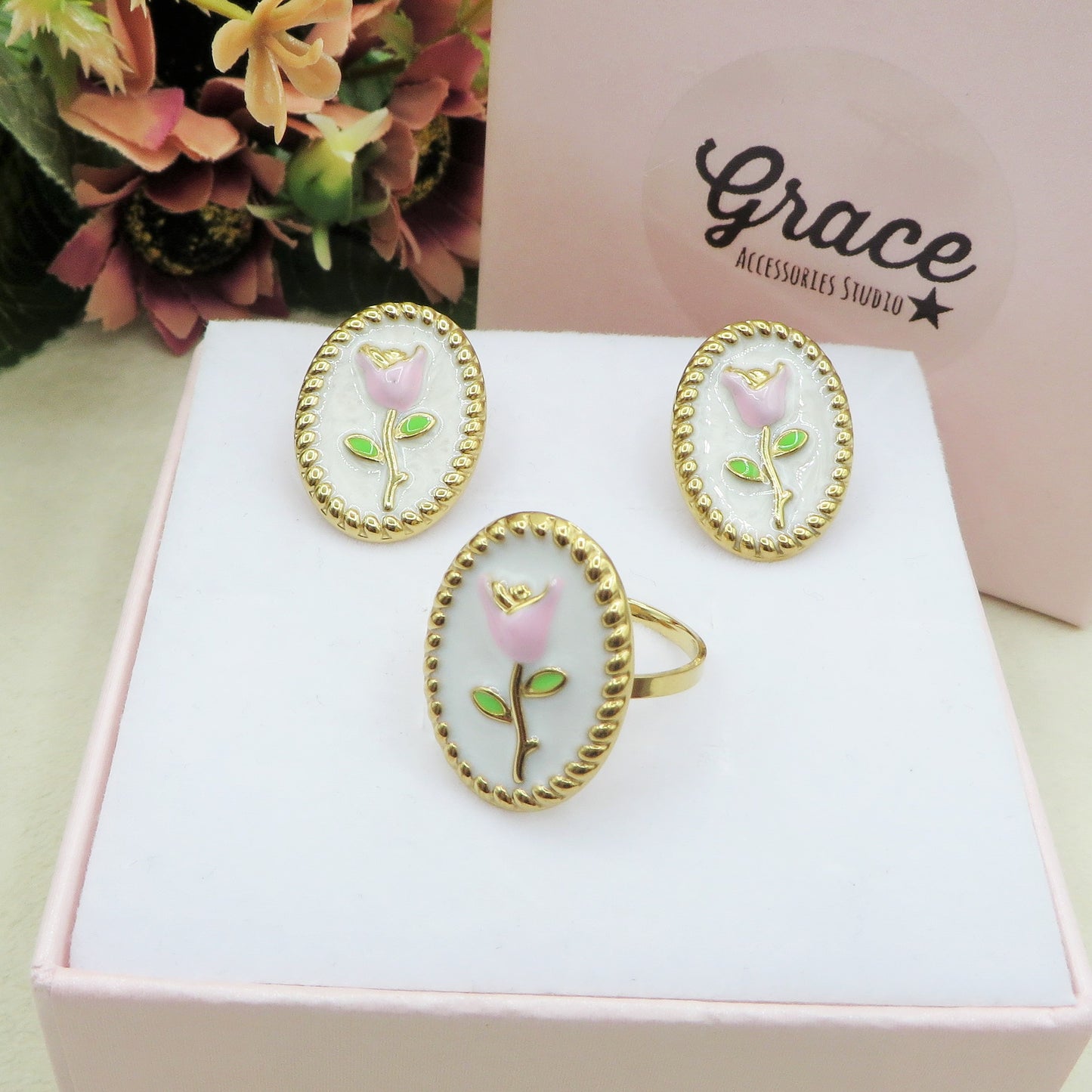 GRACE TULIP ~ Set Anello e orecchini fiore vintage in ACCIAIO INOSSIDABILE 316L