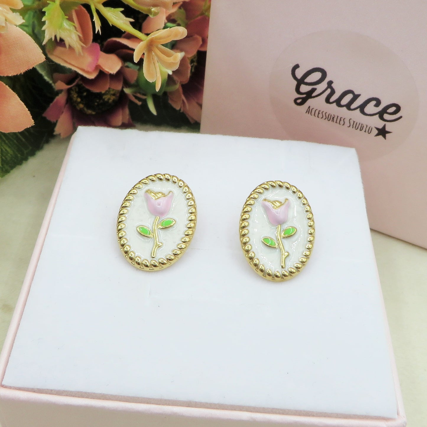 GRACE TULIP ~ Set Anello e orecchini fiore vintage in ACCIAIO INOSSIDABILE 316L