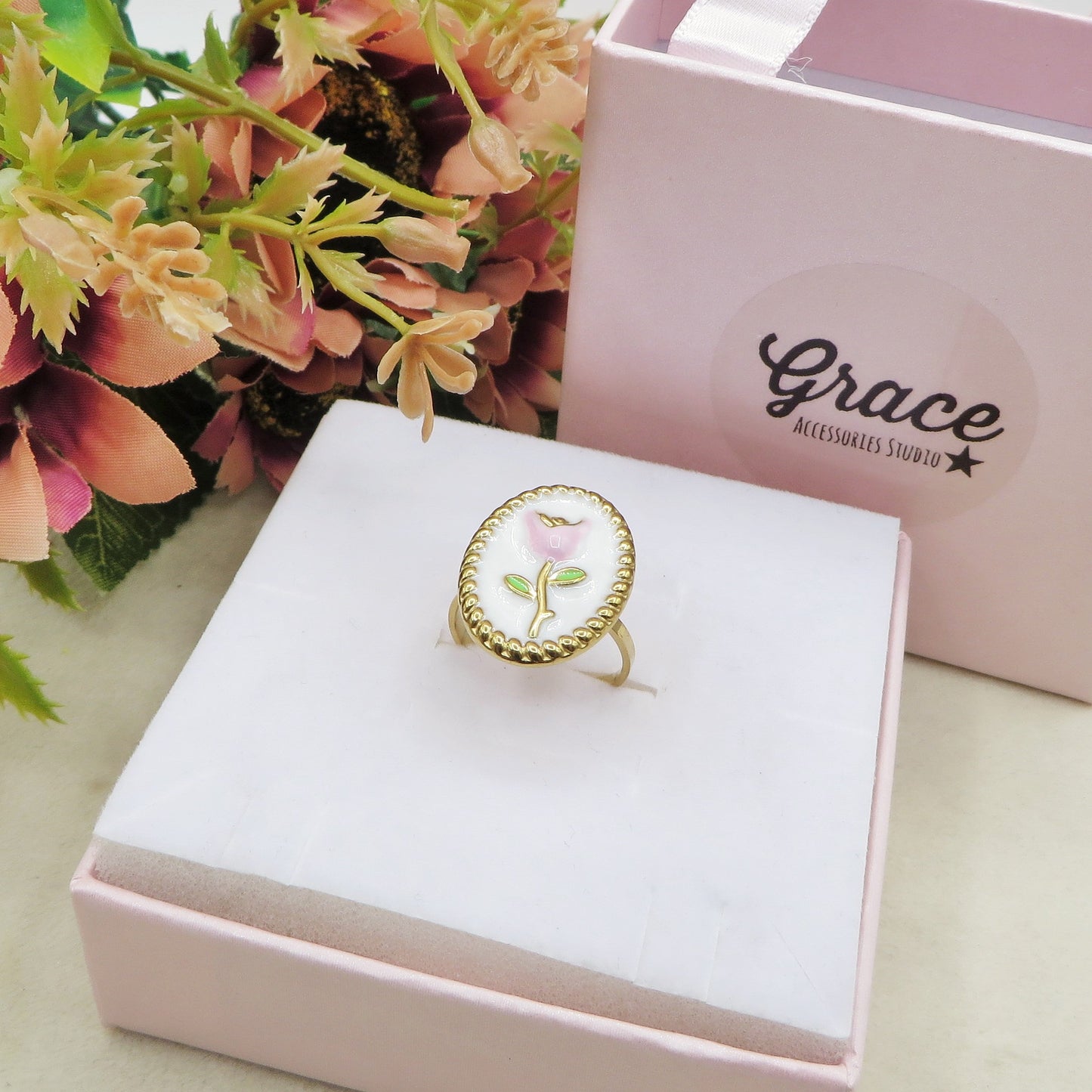 GRACE TULIP 🌷 Anello regolabile con fiori vintage - Acciaio Inossidabile