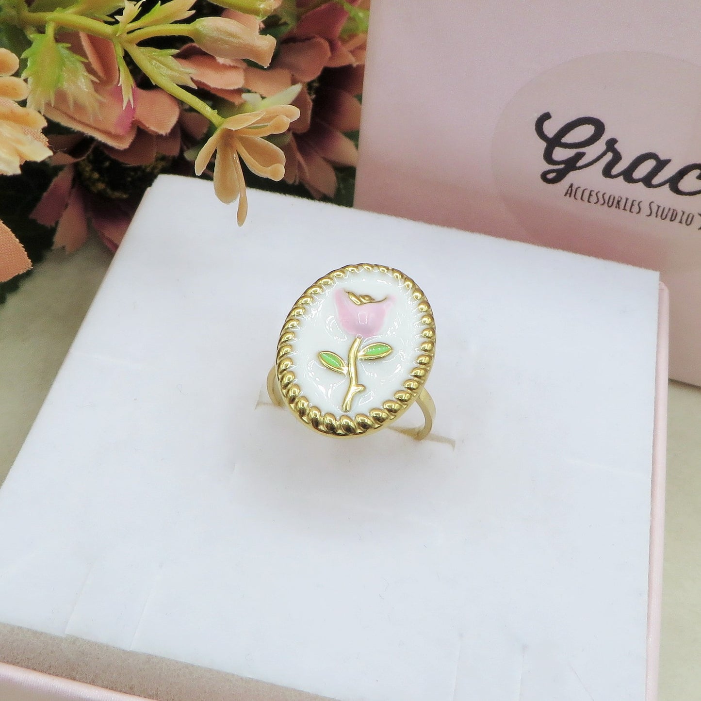 GRACE TULIP 🌷 Anello regolabile con fiori vintage - Acciaio Inossidabile