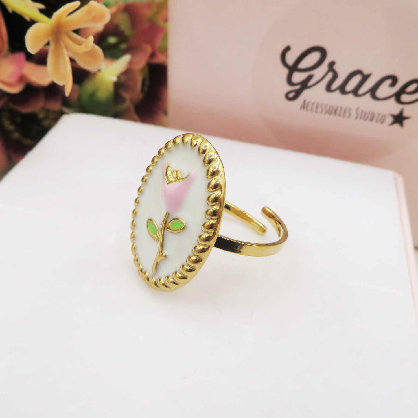 GRACE TULIP 🌷 Anello regolabile con fiori vintage - Acciaio Inossidabile