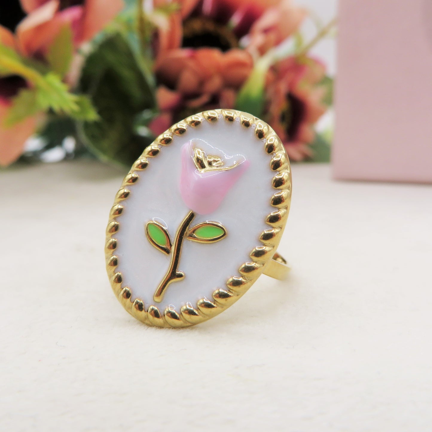 GRACE TULIP ~ Set Anello e orecchini fiore vintage in ACCIAIO INOSSIDABILE 316L