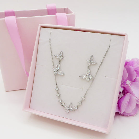 MARIPOSA SET ~ Girocollo  + ORECCHINI con farfalle zirconate in ACCIAIO INOSSIDABILE e cubic zirconia