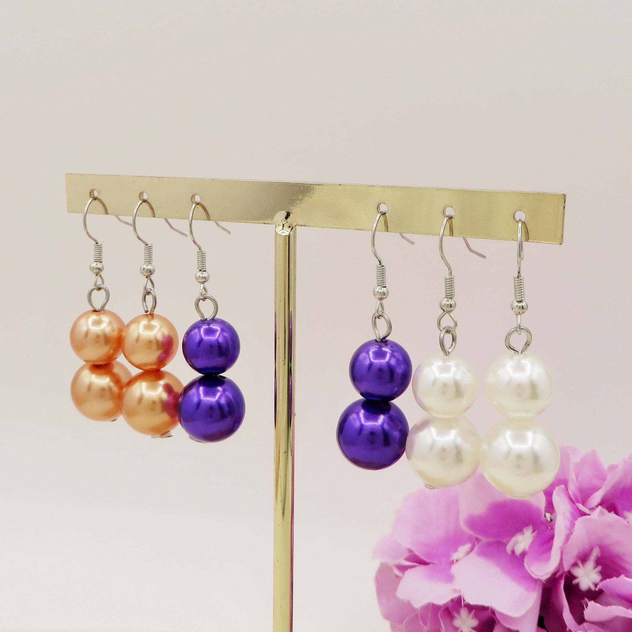 2 Paia Orecchini Pendenti Con Doppia Perla Donna - Color Oro, In Rame E Perla, Con Dilatatori Auricolari Inclusi