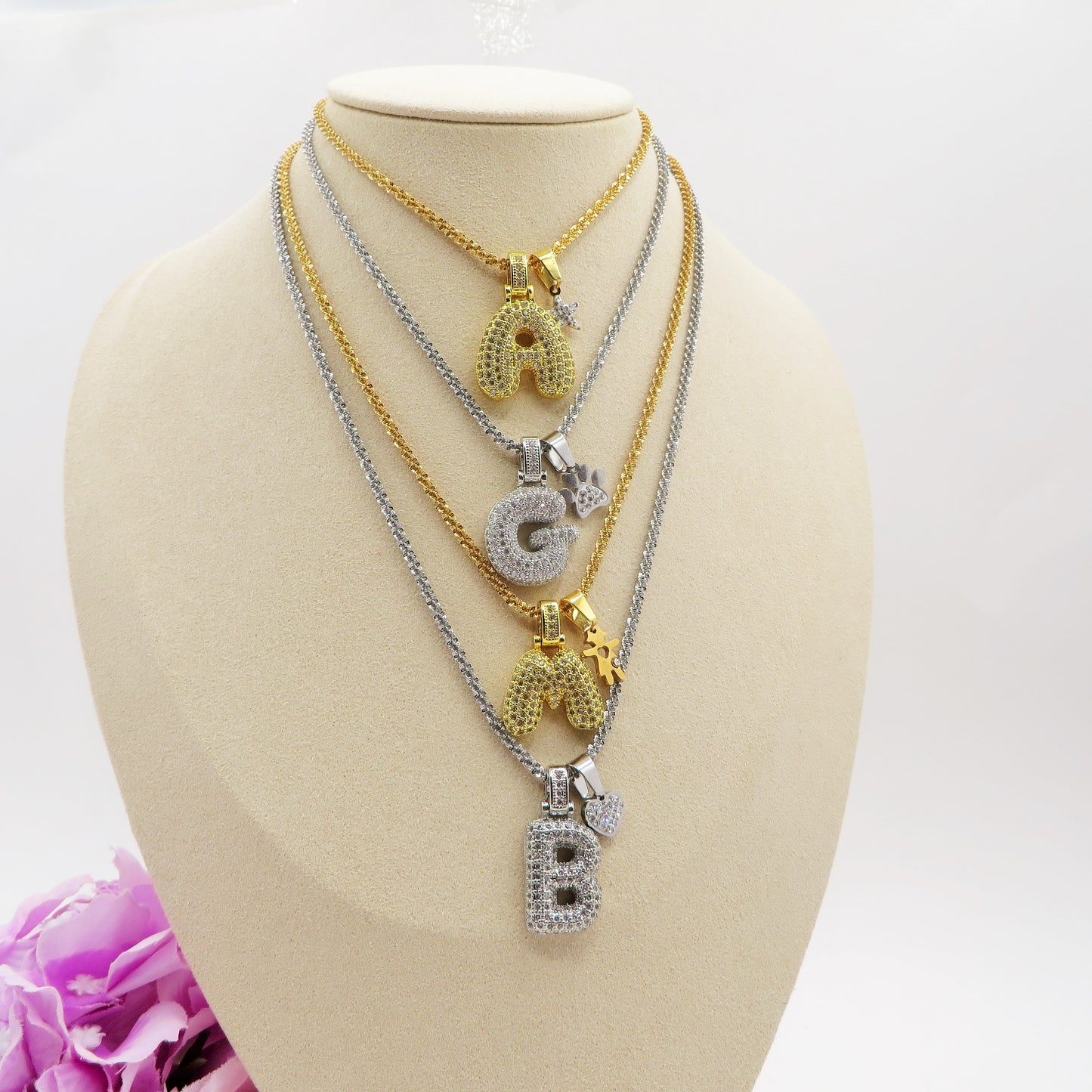 BUBBLE LUXURY INITIAL ~ Collana maxi iniziale bombata zirconata bubble + catena diamantata torchon + pendente a scelta