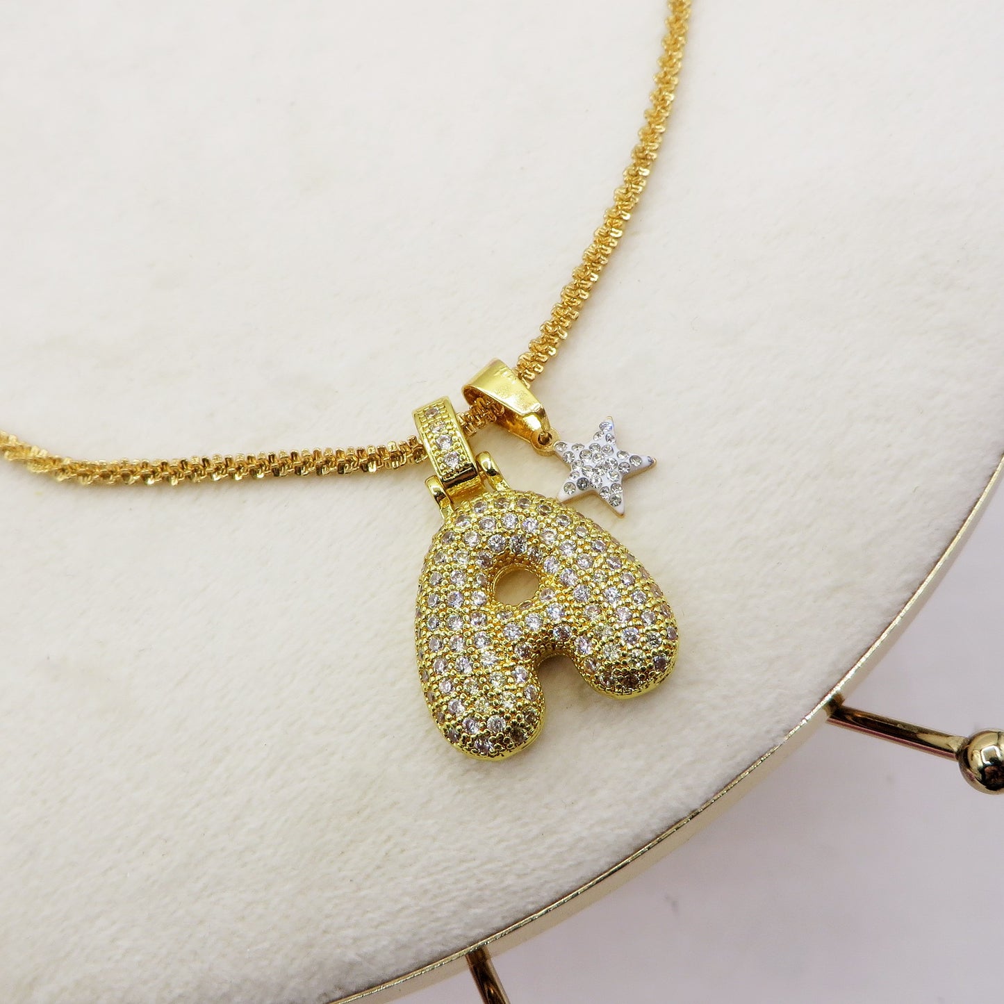 BUBBLE LUXURY INITIAL ~ Collana maxi iniziale bombata zirconata bubble + catena diamantata torchon + pendente a scelta