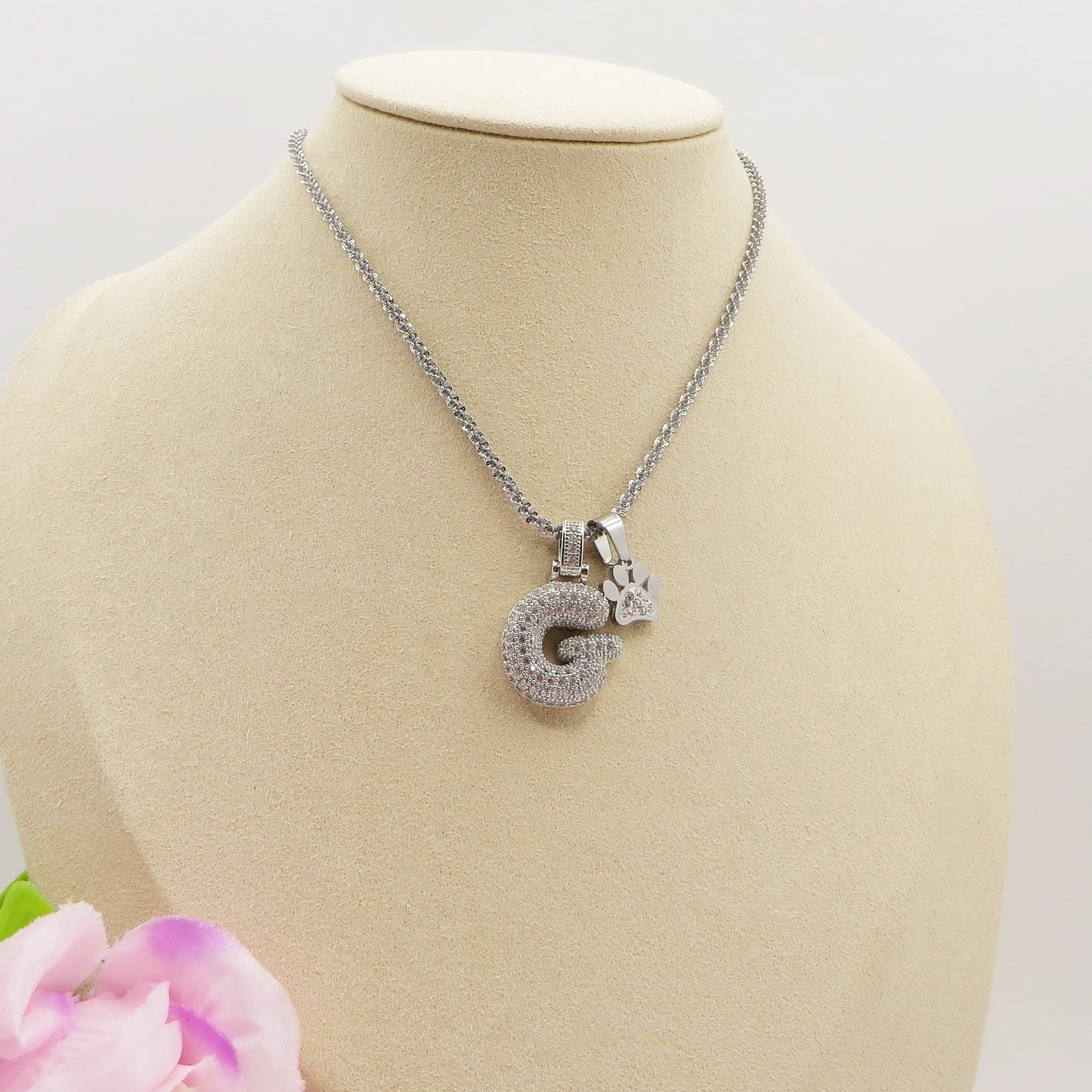 BUBBLE LUXURY INITIAL ~ Collana maxi iniziale bombata zirconata bubble + catena diamantata torchon + pendente a scelta