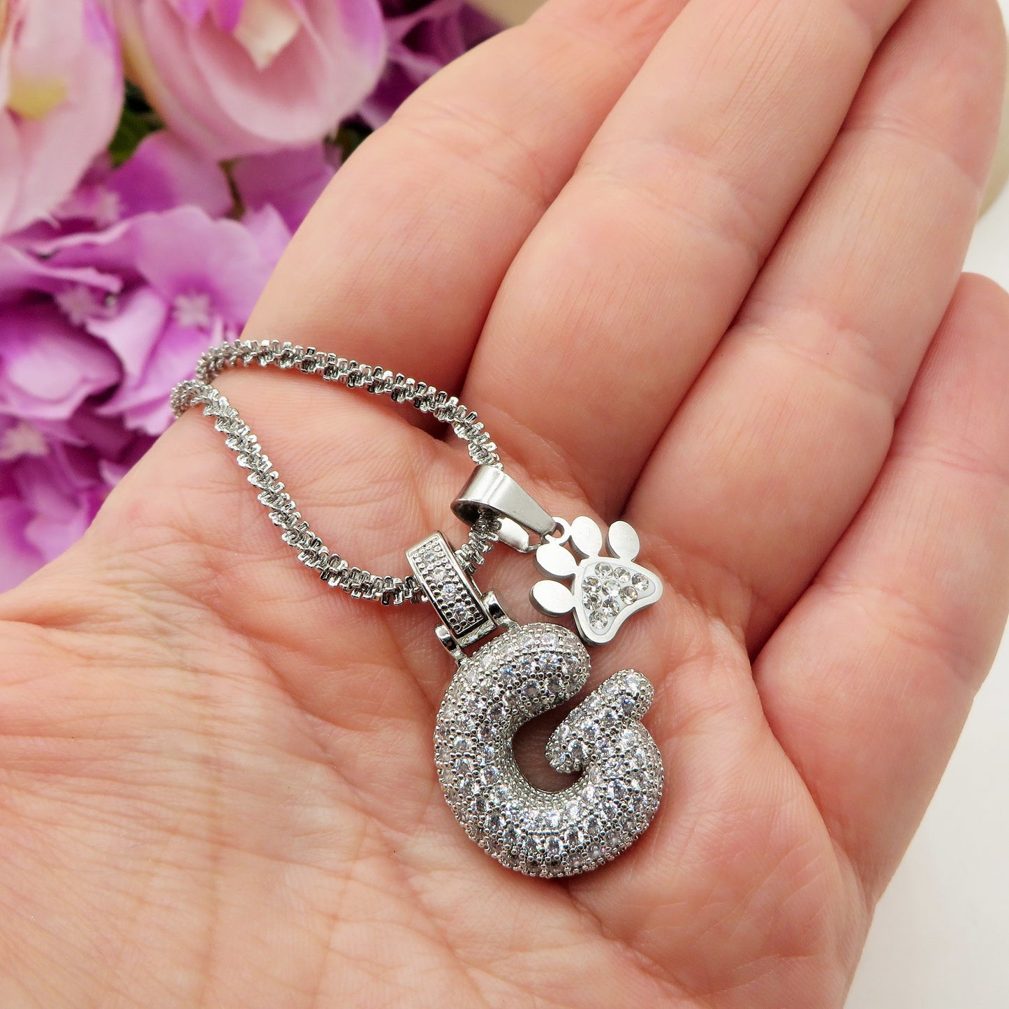 BUBBLE LUXURY INITIAL ~ Collana maxi iniziale bombata zirconata bubble + catena diamantata torchon + pendente a scelta