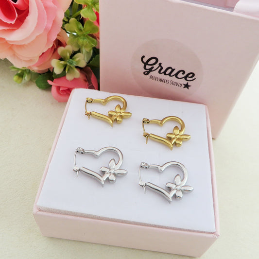 MIZUKI HOOPS con farfalle - Acciaio inossidabile orecchini cerchio a forma di cuore