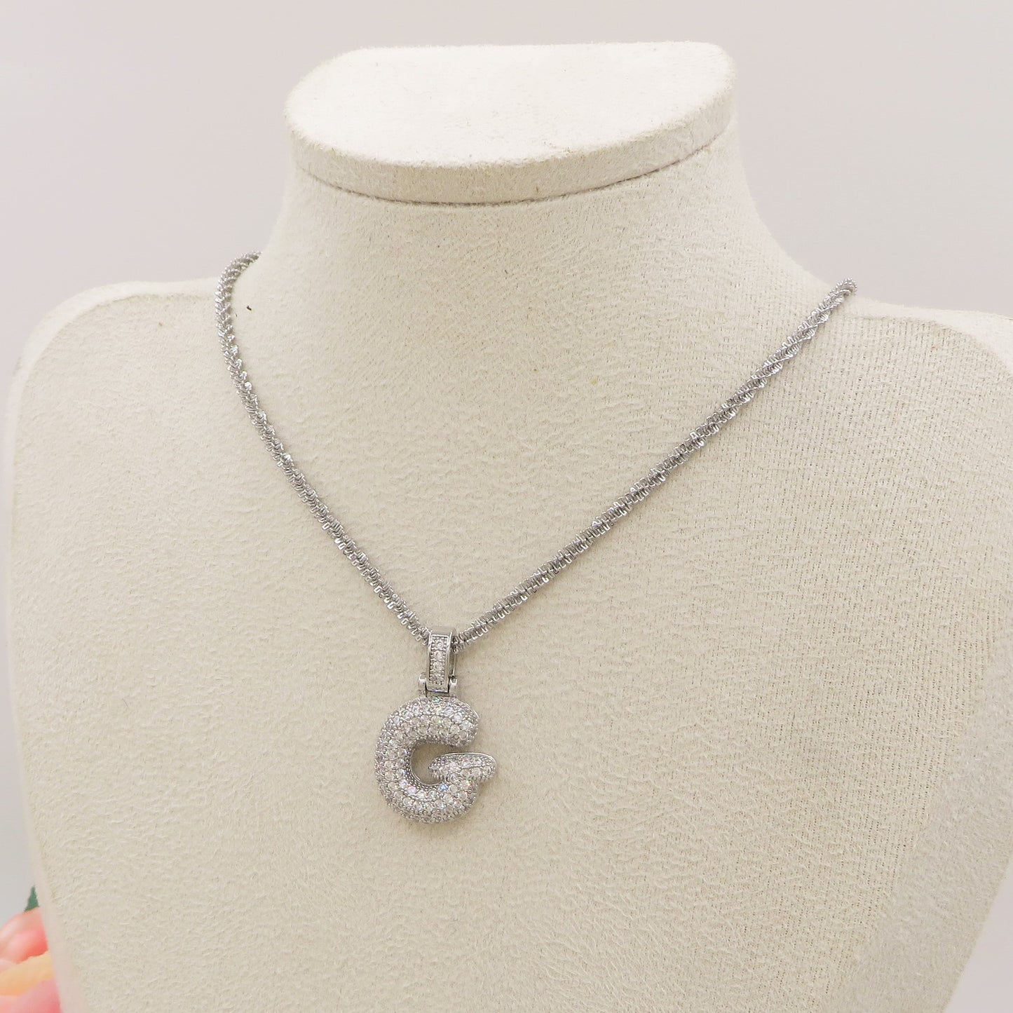 BUBBLE LUXURY INITIAL ~ Collana maxi iniziale bombata zirconata bubble + catena diamantata torchon + pendente a scelta