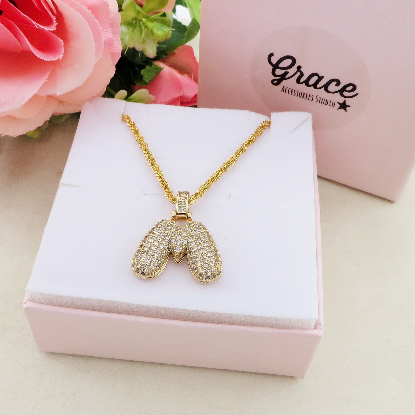 BUBBLE LUXURY INITIAL ~ Collana maxi iniziale bombata zirconata bubble + catena diamantata torchon + pendente a scelta