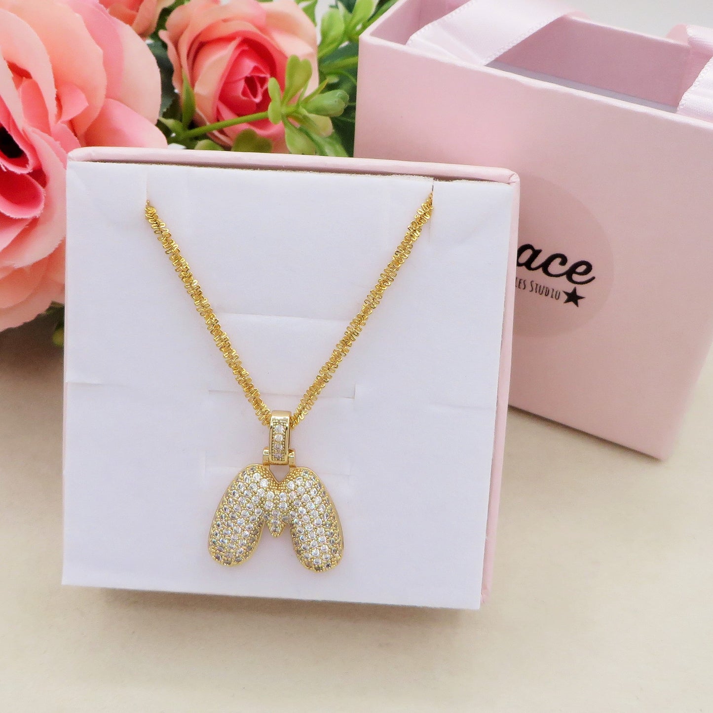 BUBBLE LUXURY INITIAL ~ Collana maxi iniziale bombata zirconata bubble + catena diamantata torchon + pendente a scelta