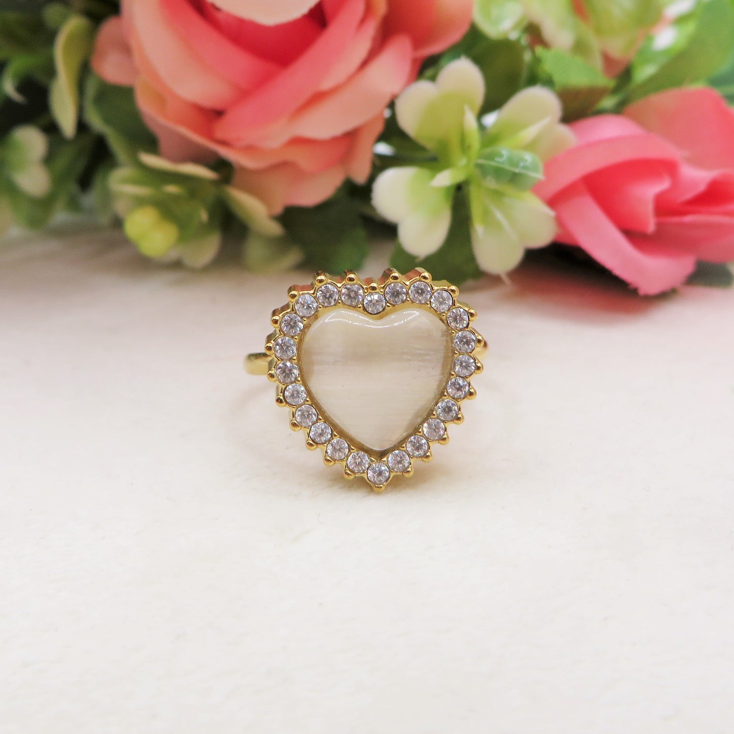 SOFIA ~ Anello regolabile in ACCIAIO INOSSIDABILE con pietra a forma di cuore e cubic zirconia