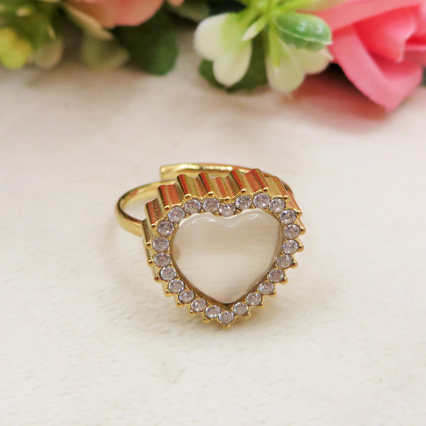 SOFIA ~ Anello regolabile in ACCIAIO INOSSIDABILE con pietra a forma di cuore e cubic zirconia