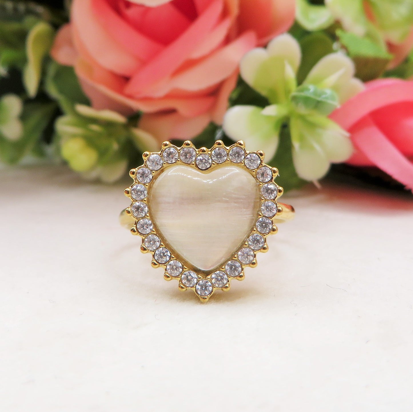 SOFIA ~ Anello regolabile in ACCIAIO INOSSIDABILE con pietra a forma di cuore e cubic zirconia