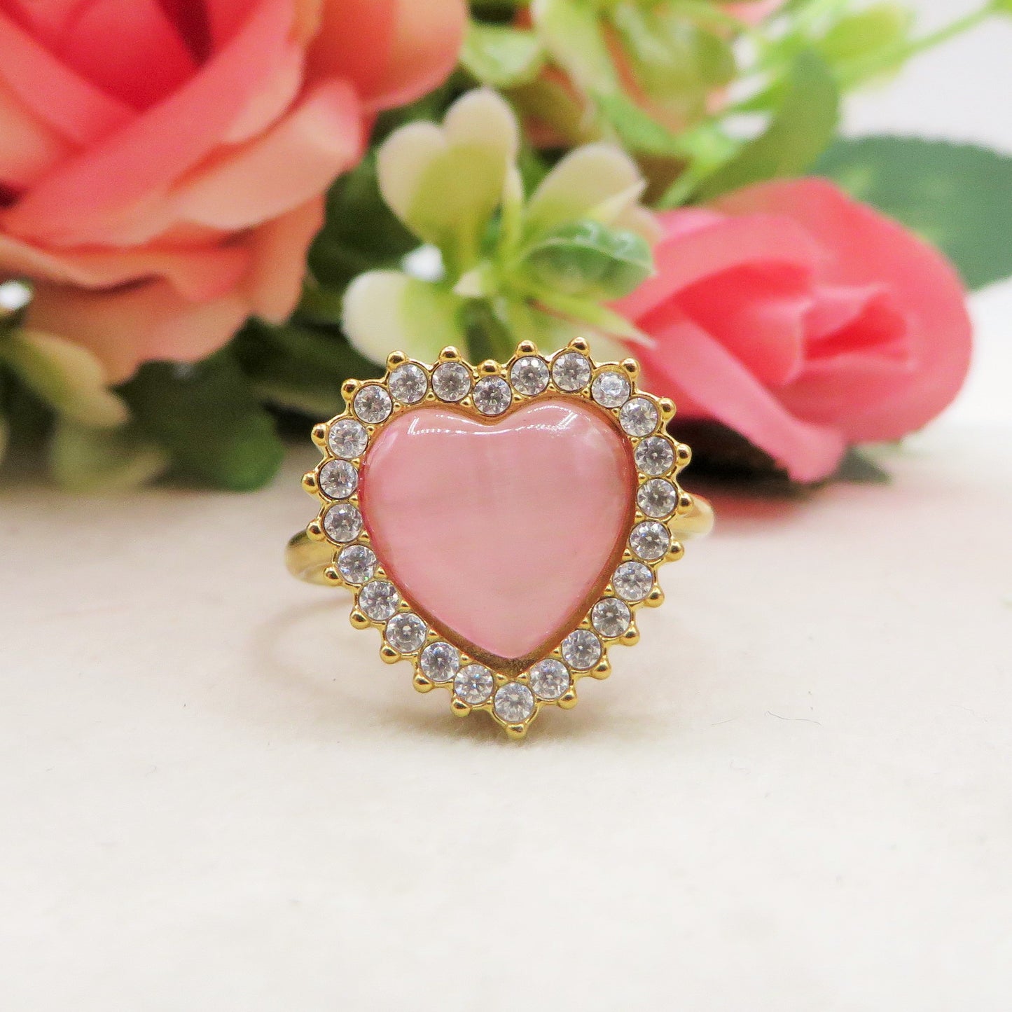 SOFIA ~ Anello regolabile in ACCIAIO INOSSIDABILE con pietra a forma di cuore e cubic zirconia