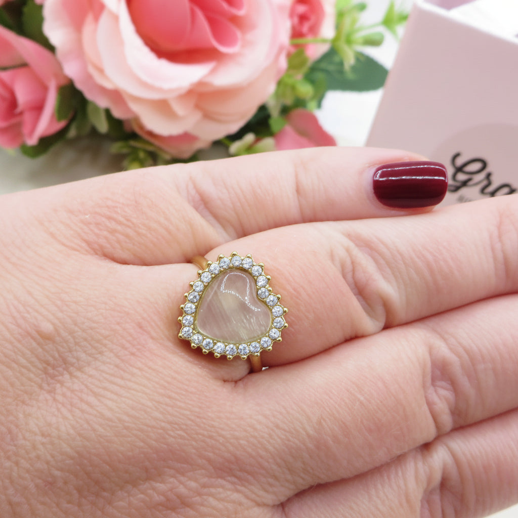 SOFIA ~ Anello regolabile in ACCIAIO INOSSIDABILE con pietra a forma di cuore e cubic zirconia