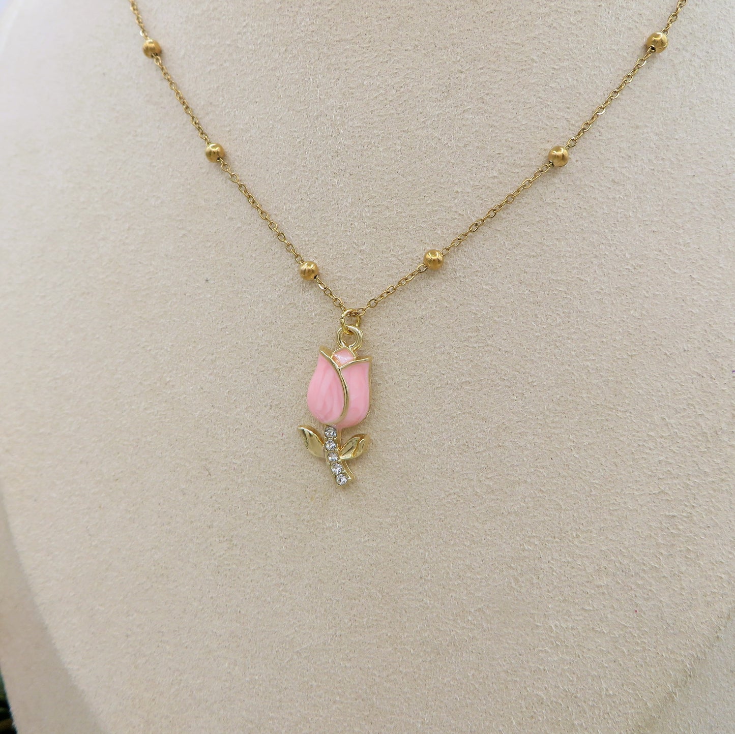 TULIP COLOURS GOLD - Collana ACCIAIO con tulipano smaltato e cubic zirconia