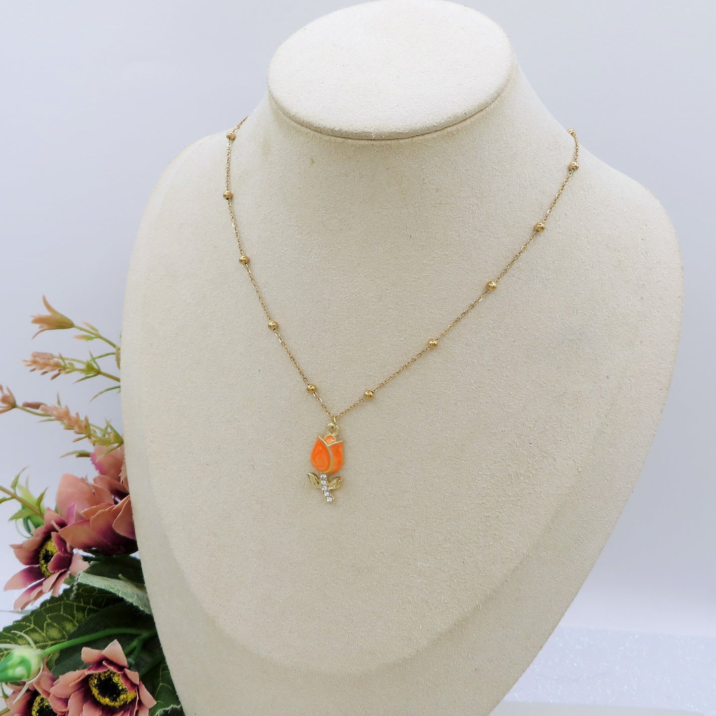TULIP COLOURS GOLD - Collana ACCIAIO con tulipano smaltato e cubic zirconia