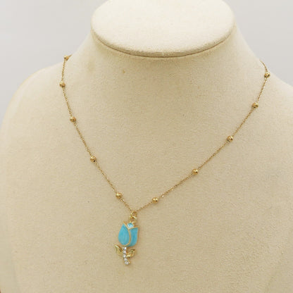 TULIP COLOURS GOLD - Collana ACCIAIO con tulipano smaltato e cubic zirconia